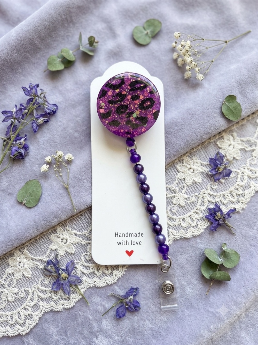 Purple Leopard Retractable Badge Reel with Beaded Chain